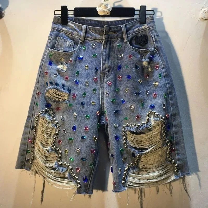 Embroidery Jeans Sakura - 2025 여름 반바지 하이웨이스트 청바지 홀