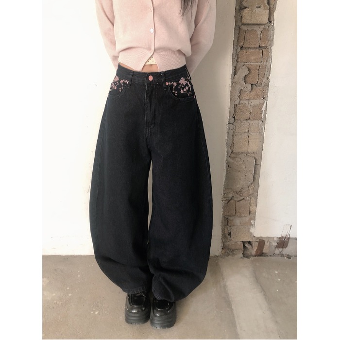 Embroidery Jeans Sakura - 2026년 봄 하이웨이스트 벚꽃 자수 와이드
