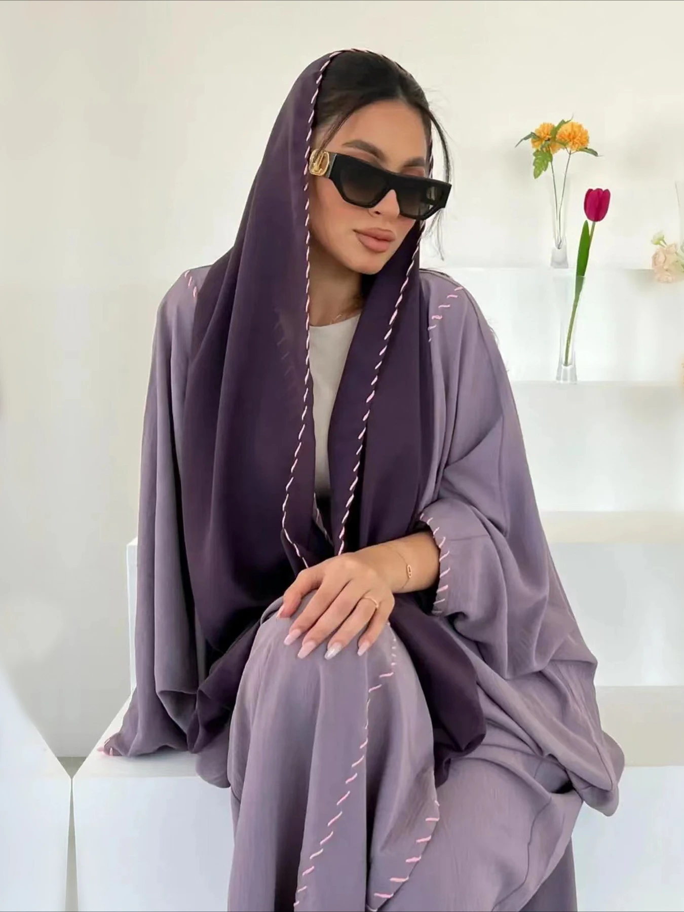 Embroidery Kaftan - 무슬림 여성 아바야 스카프가 달린 긴
