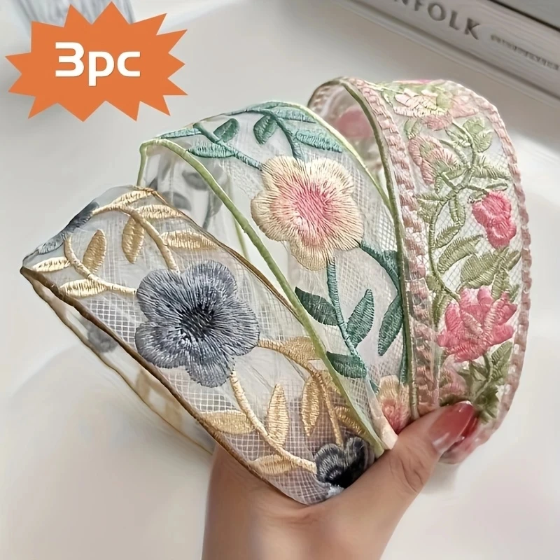Embroidery Ring - 1/3pcs 우아한 쉬폰 자수 꽃 헤어