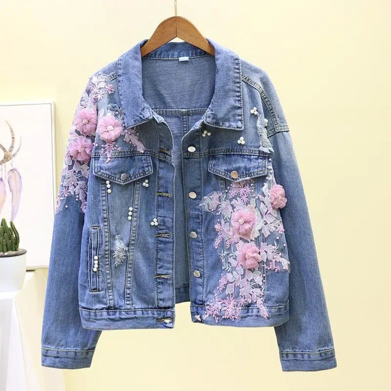 Embroidery Jeans Sakura - 2022 여성용 자수 데님 숏 재킷,