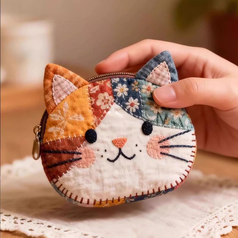 Embroidery Wallet - 일본 스타일 컬러 블록 패치워크 고양이