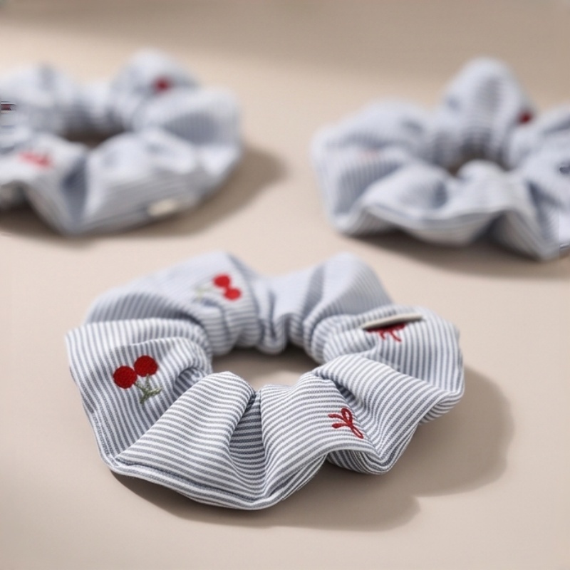 우아한 줄무늬 체리 자수 헤어 스크런치 부드러운 원단  - Embroidery Ring 리뷰 및 가격