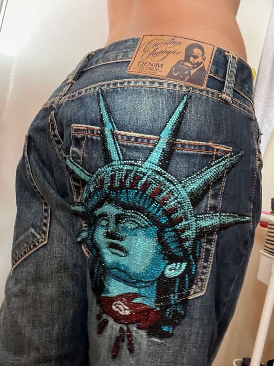 Y2k 2000년대 자유의 여신상 다이아몬드 청바지 캐 - Embroidery Jeans Sakura 리뷰 및 가격