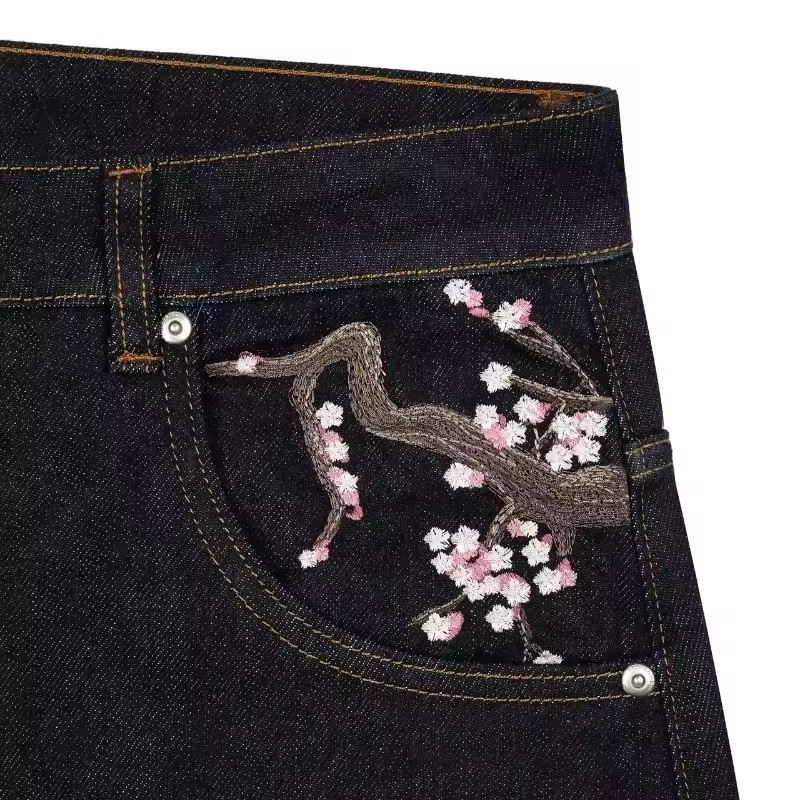Y2K 남성 여성 하라주쿠 힙합 자수 레트로 블랙 배기 - Embroidery Jeans Sakura 리뷰 및 가격