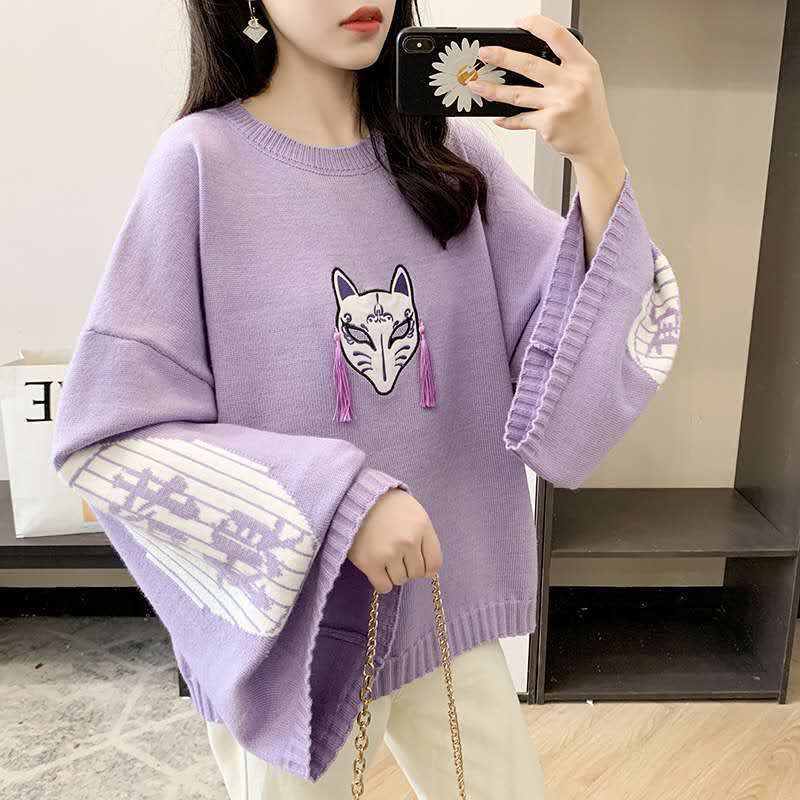 패션 고양이 쌀 패턴 자수 니트 스웨터 여성 O넥 긴팔 - Embroidery Thread Yarn 리뷰 및 가격