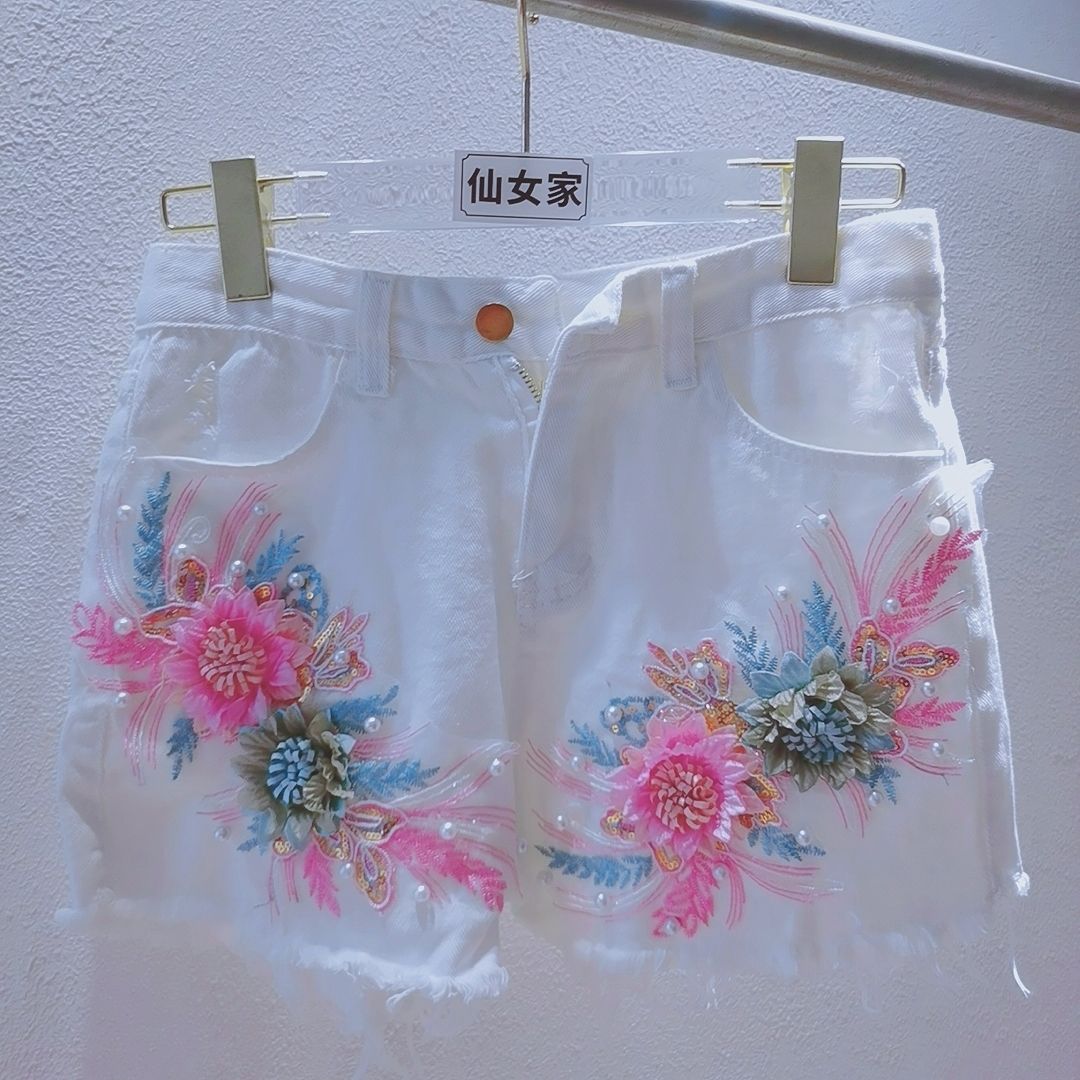 한국 패션 여성 여름 데님 반바지 헤비 인더스트리 네일 - Embroidery Jeans Sakura 리뷰 및 가격