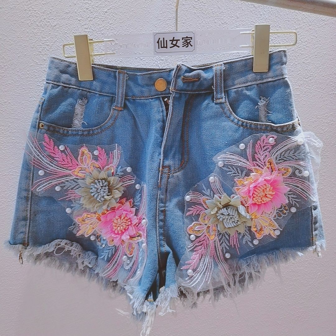 한국 패션 여성 여름 데님 반바지 헤비 인더스트리 네일 - Embroidery Jeans Sakura 리뷰 및 가격