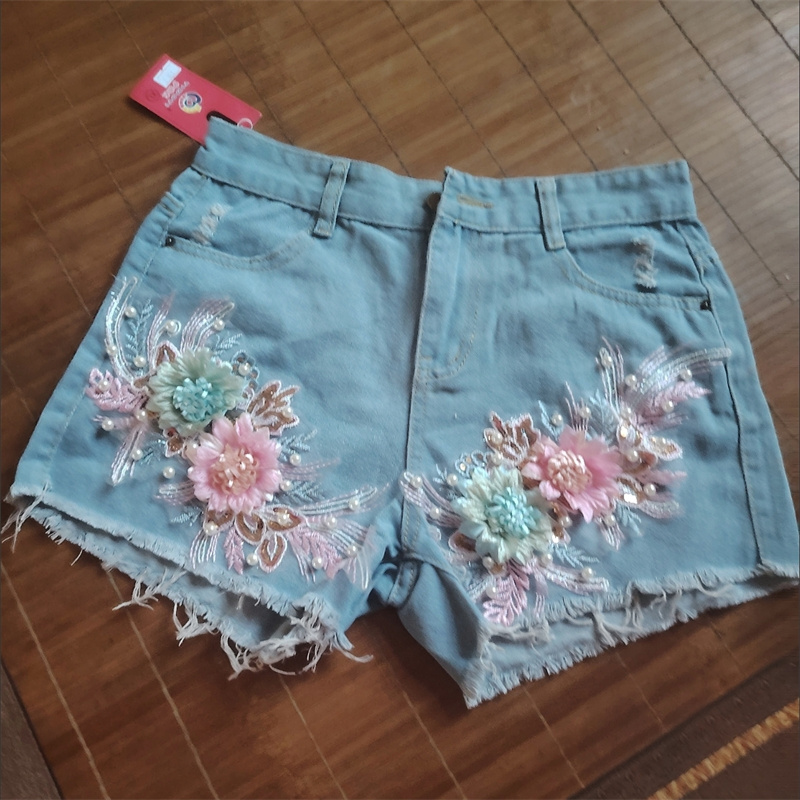 한국 패션 여성 여름 데님 반바지 헤비 인더스트리 네일 - Embroidery Jeans Sakura 리뷰 및 가격