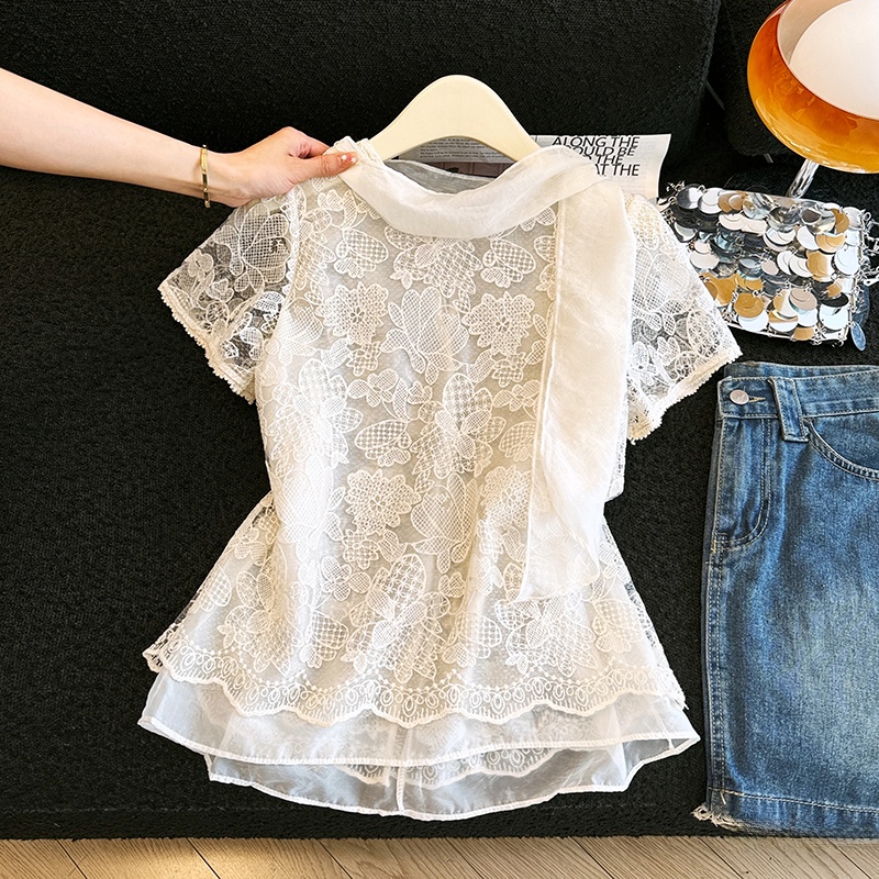 우아한 레이스 셔츠 속이 비치는 무거운 자수 반팔 여성 - Embroidery Unique Design 리뷰 및 가격