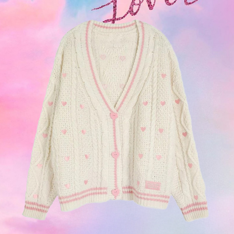 핑크 하트 버튼 자수 패치가 있는 연인용 가디건 부드러 - Embroidery Thread Yarn 리뷰 및 가격