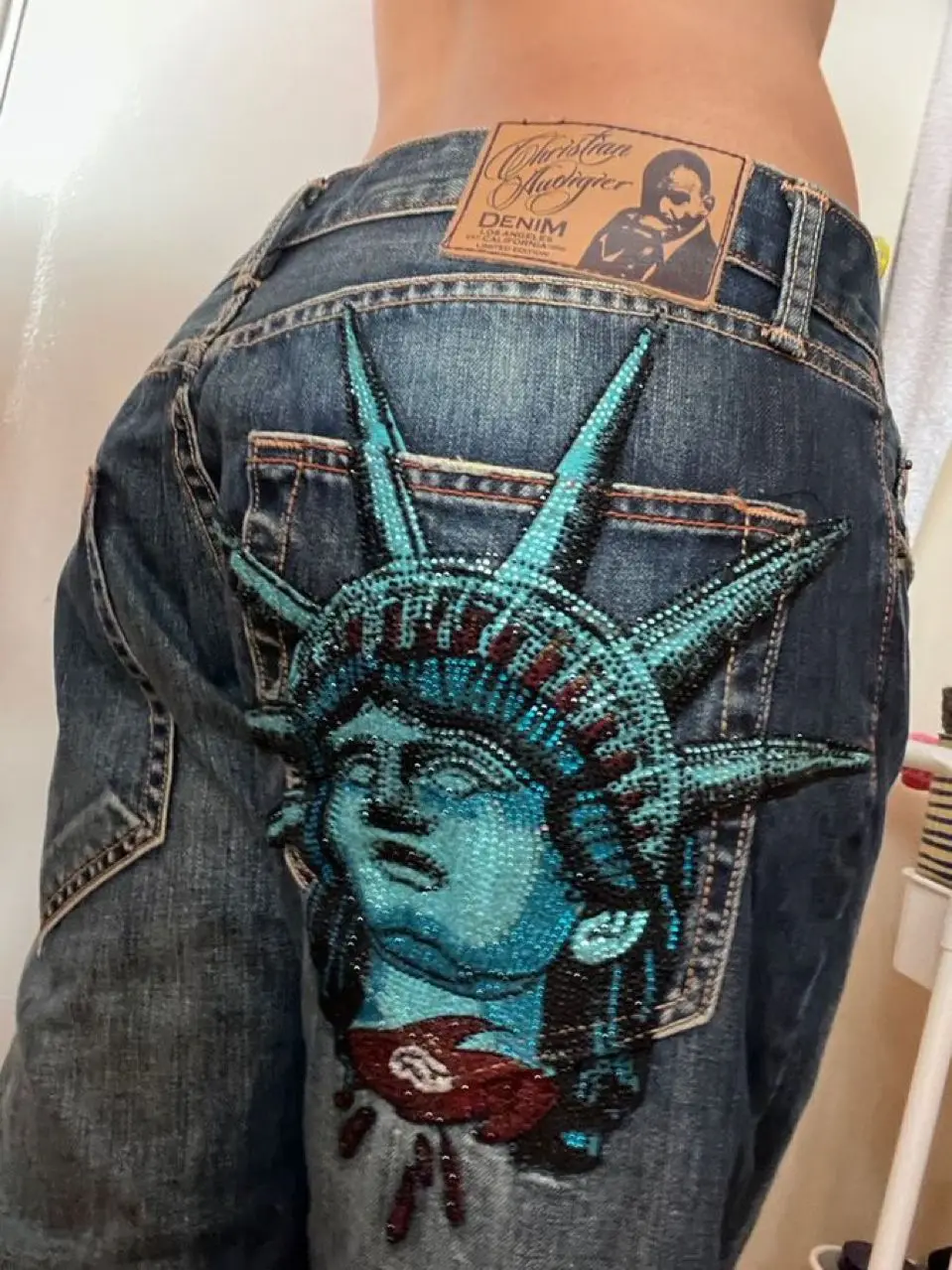 Y2k 2000년대 자유의 여신상 다이아몬드 데님 팬츠 - Embroidery Jeans Sakura 리뷰 및 가격