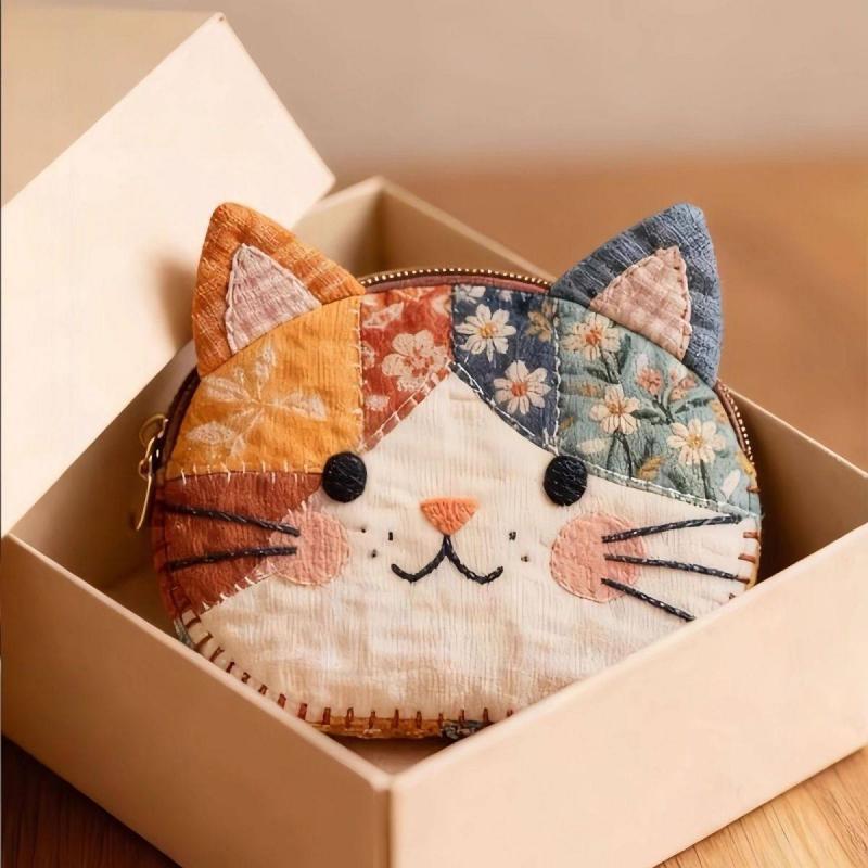 일본 스타일 컬러 블록 패치워크 고양이 동전 지갑 만화 - Embroidery Wallet 리뷰 및 가격