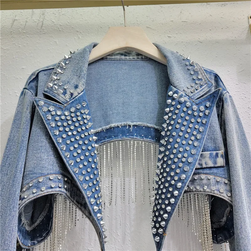 라인스톤 비즈 태슬 리벳 데님 재킷 숏 크리스탈 프린지 - Embroidery Jeans Sakura 리뷰 및 가격
