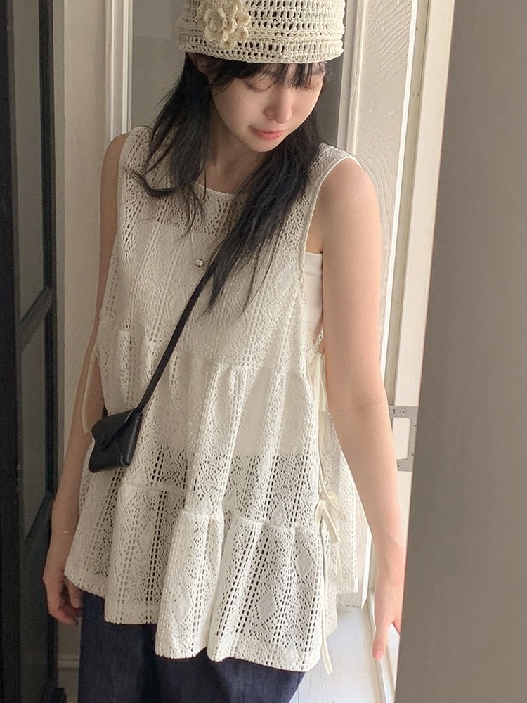 시크한 레이스 자수 사이드 보타이 여성 조끼 탑 여름  - Embroidery Unique Design 리뷰 및 가격